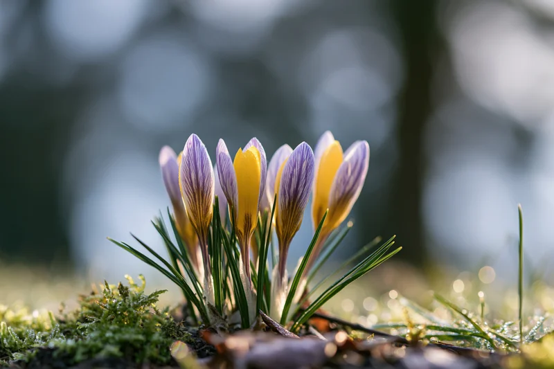 Small cluster of purple-striped and yellow crocus flowers blooming in mossy soil with blurred natural background