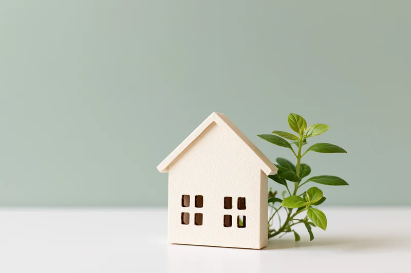 Small cream-colored cardboard house cutout beside a young green plant on a white surface with copyspace