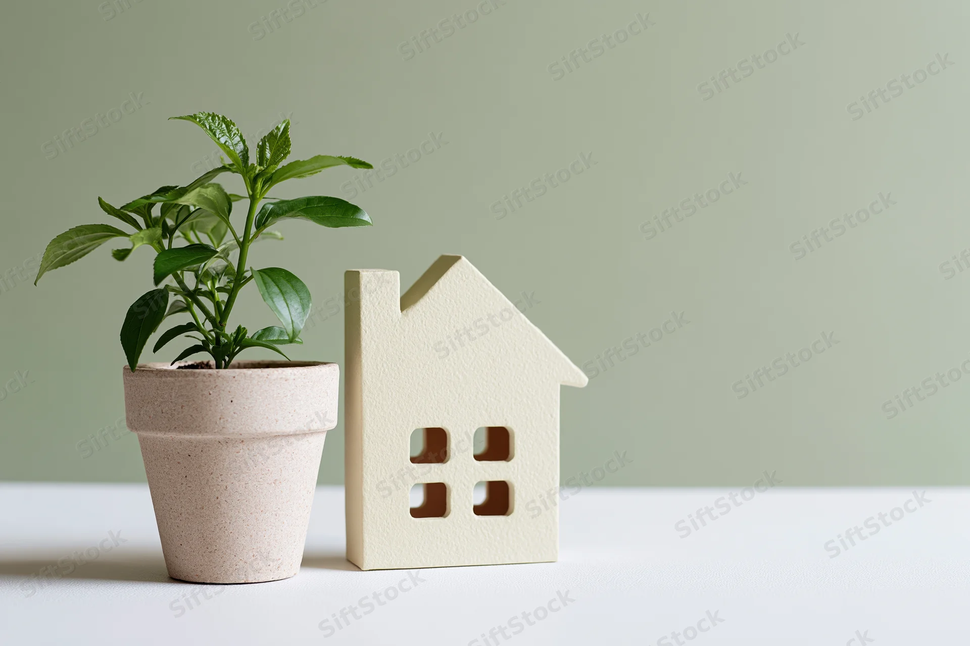 Small cream-colored cardboard house cutout beside a potted green plant on a white surface