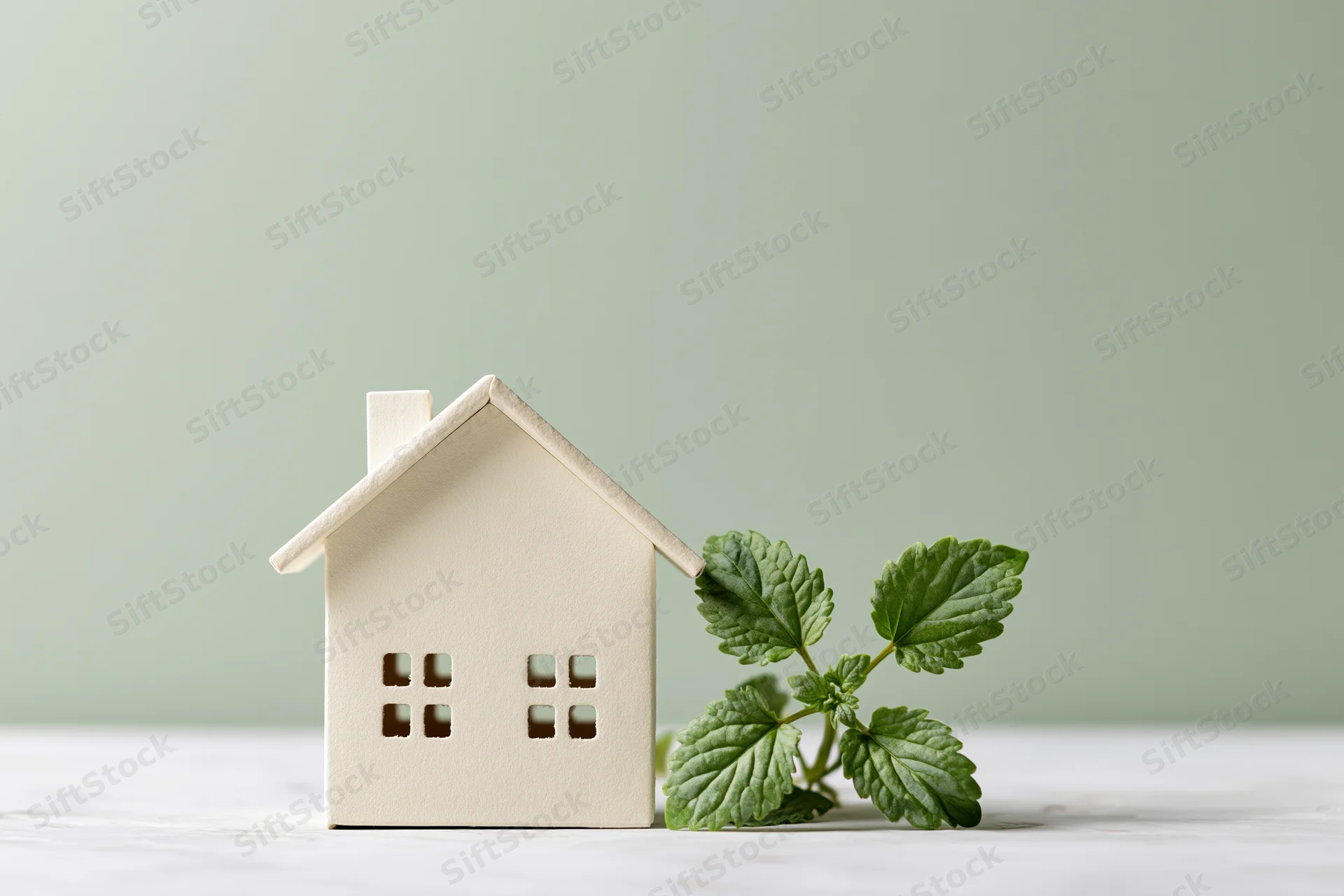 Small cream-colored cardboard house cutout beside a young green plant on a white surface with copyspace