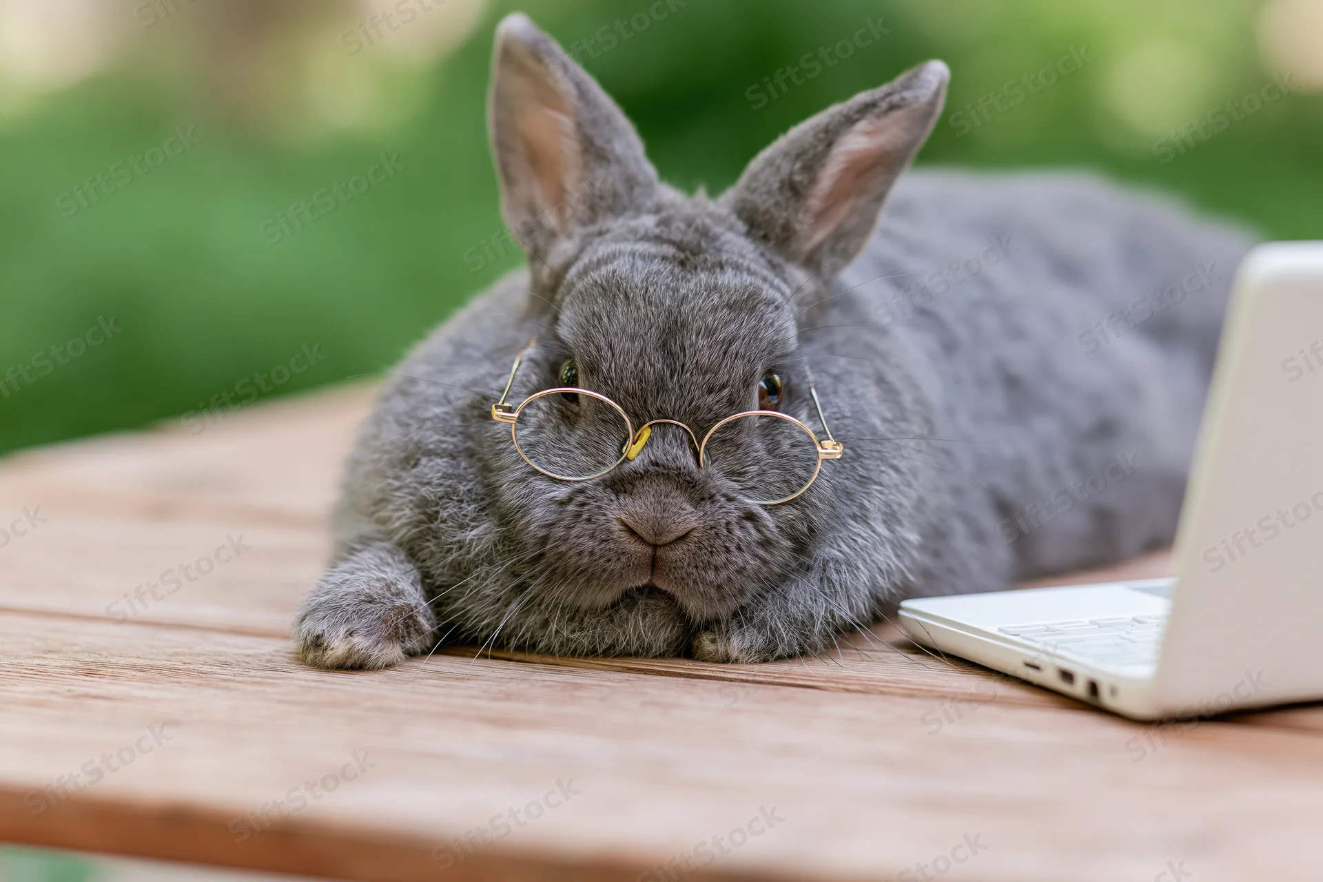 Grey rabbit wearing round gold glasses lying on wooden table beside laptop outdoors