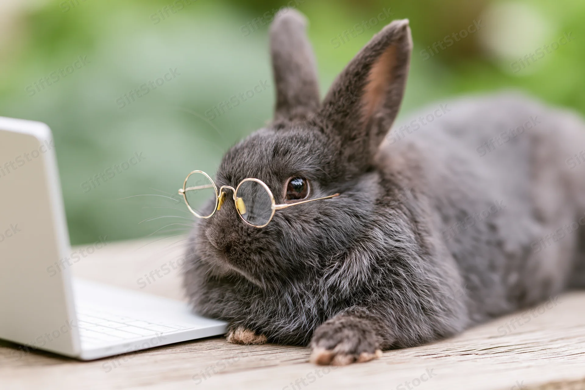Grey rabbit wearing round gold glasses lying on wooden table beside laptop outdoors