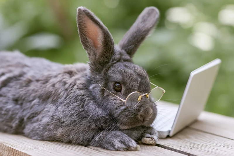 Grey rabbit wearing gold round glasses using laptop on wooden table outdoors