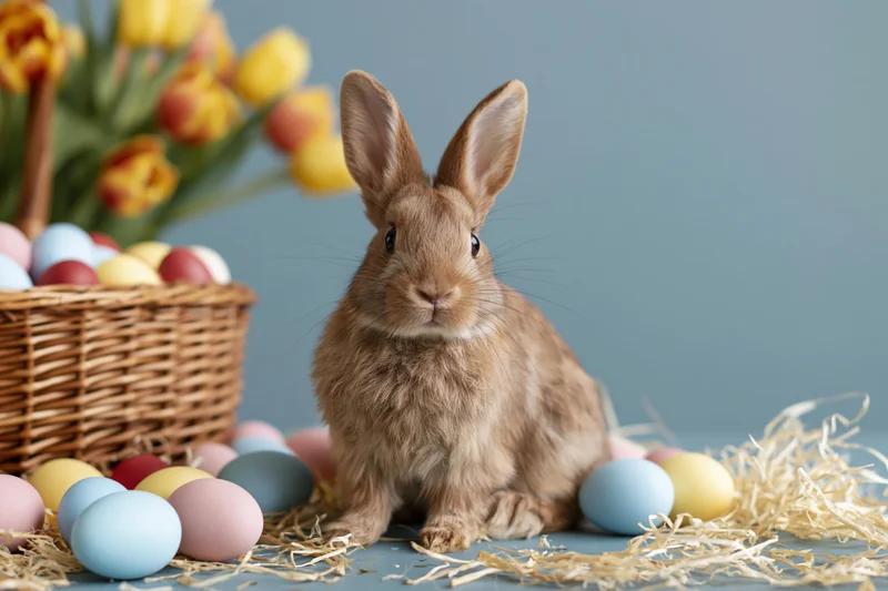 Small brown rabbit sitting alert among scattered pastel eggs and hay near a wicker basket with tulips