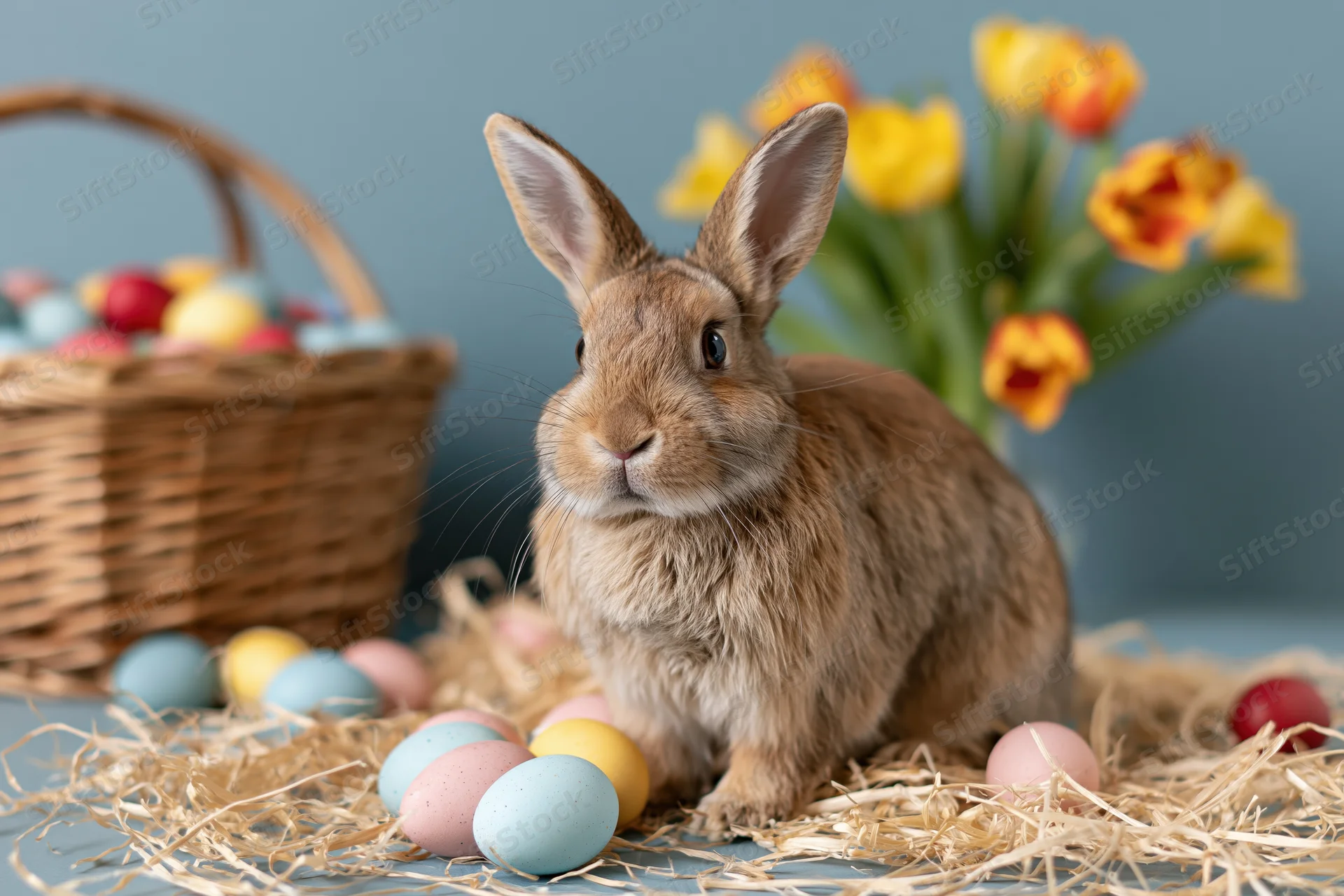 Small fluffy brown rabbit sitting alert among scattered pastel eggs and hay with a wicker basket and tulips in the background