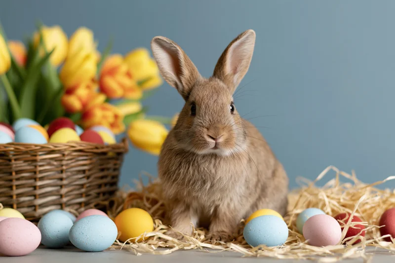 Small brown rabbit sitting alert among scattered pastel eggs and hay with tulips in a basket nearby