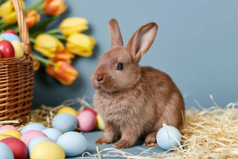 Small brown rabbit sitting alert among scattered pastel eggs and hay near a wicker basket with tulips