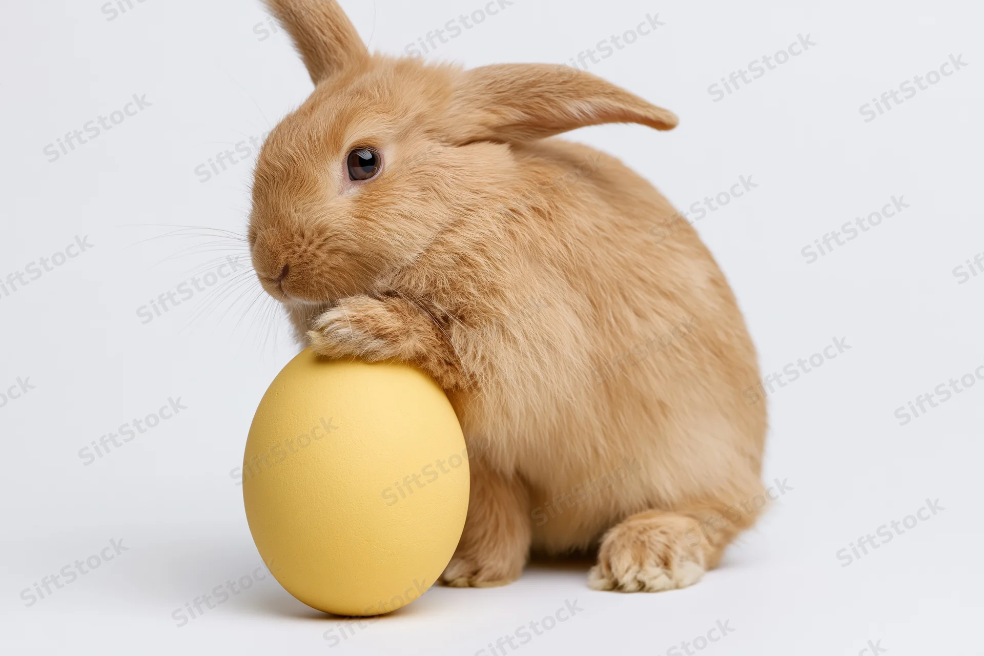 Fluffy ginger-brown rabbit resting one paw on a matte yellow egg against white background