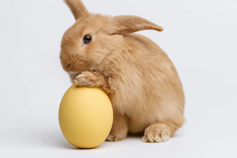 Fluffy ginger-brown rabbit resting one paw on a matte yellow egg against white background