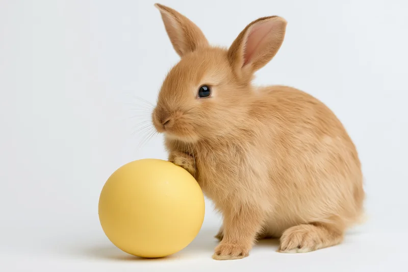 Small fluffy ginger-brown rabbit resting one paw on a matte yellow egg against white background