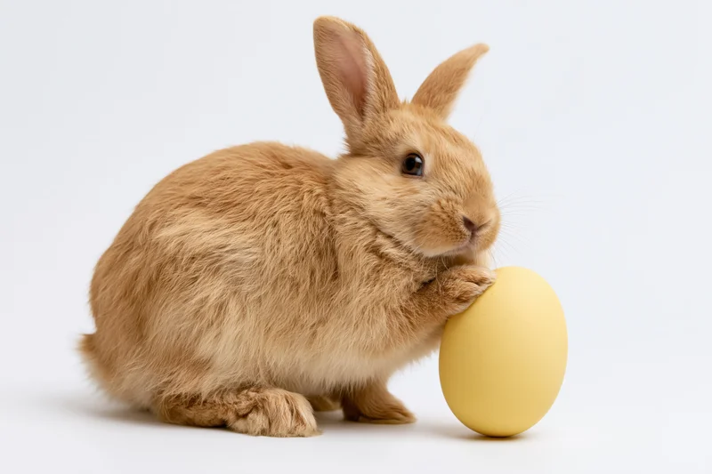 Fluffy ginger-brown rabbit resting one paw on a matte yellow egg against white background