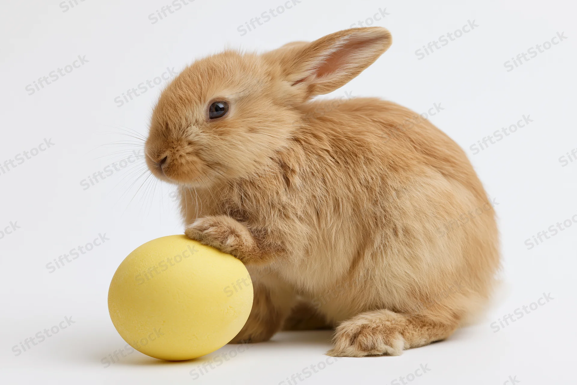 Fluffy ginger-brown rabbit resting one paw on a matte yellow egg against white background