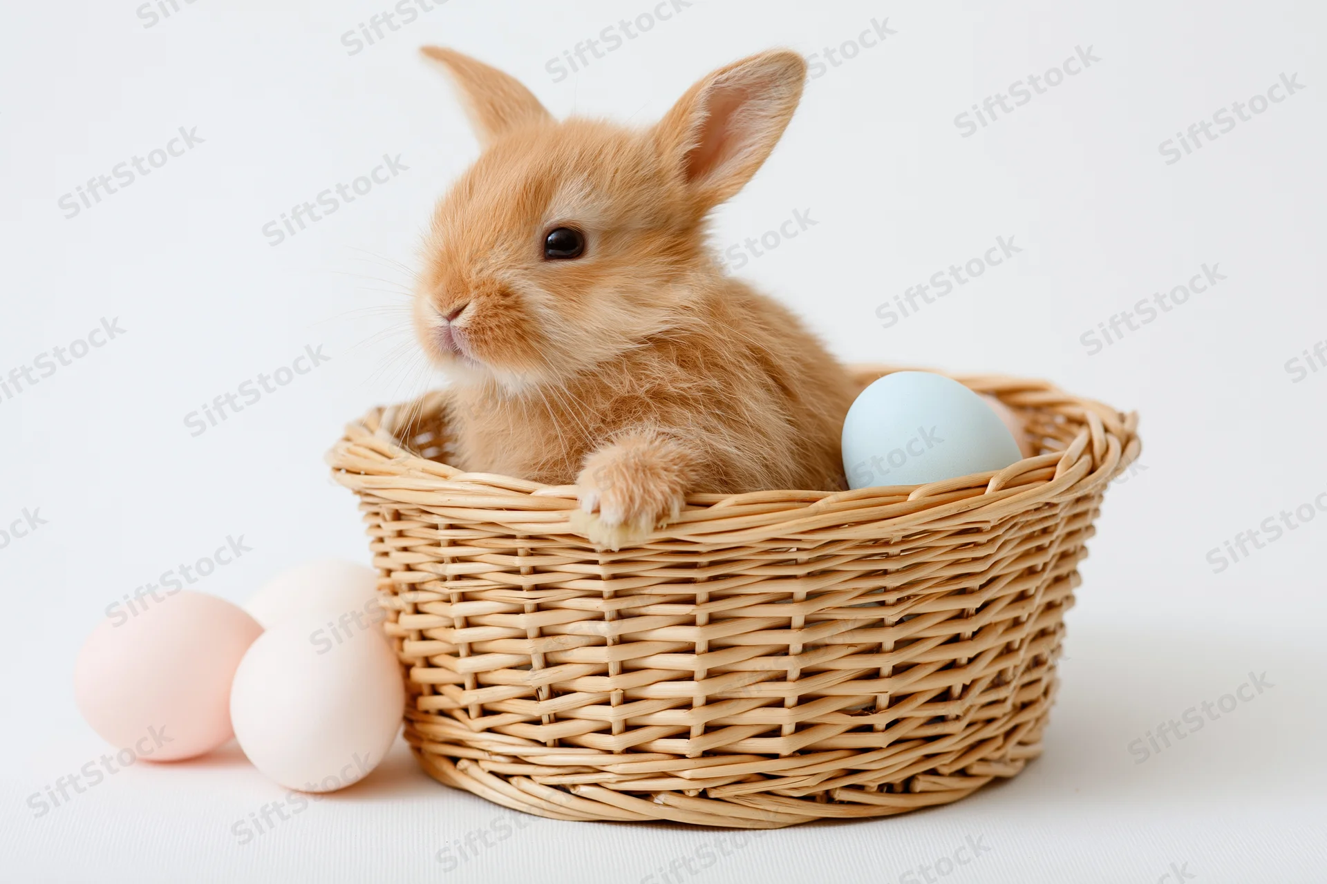 Small fluffy ginger rabbit sitting upright inside a woven wicker basket with pastel eggs beside it on a white surface