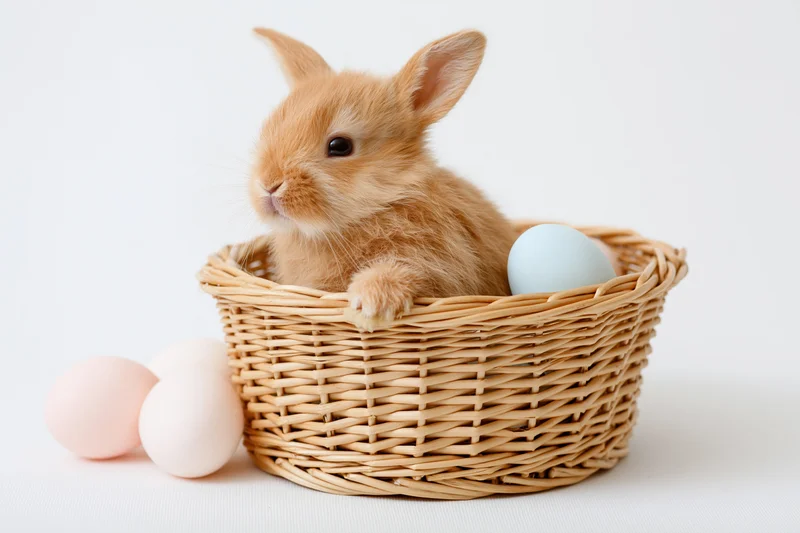 Small fluffy ginger rabbit sitting upright inside a woven wicker basket with pastel eggs beside it on a white surface
