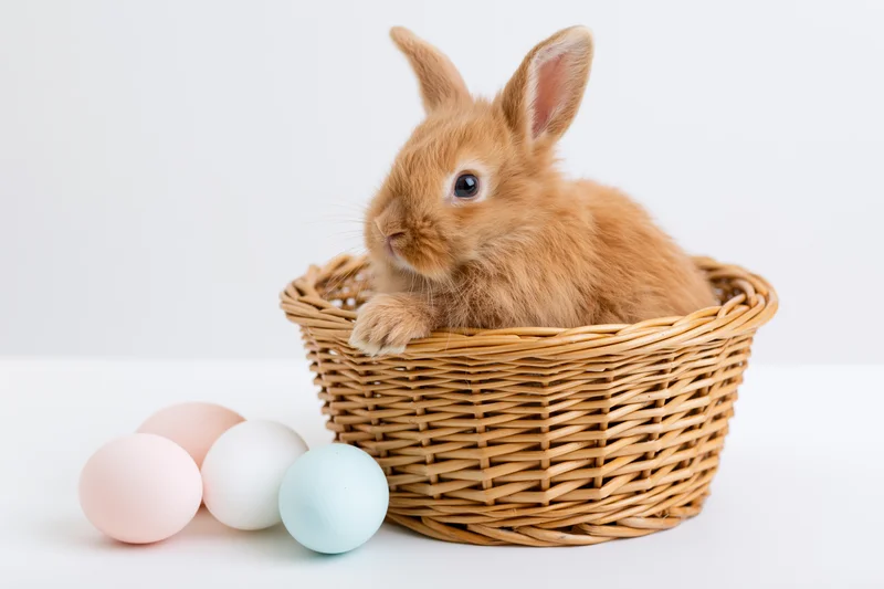 Fluffy ginger rabbit sitting upright inside a wicker basket