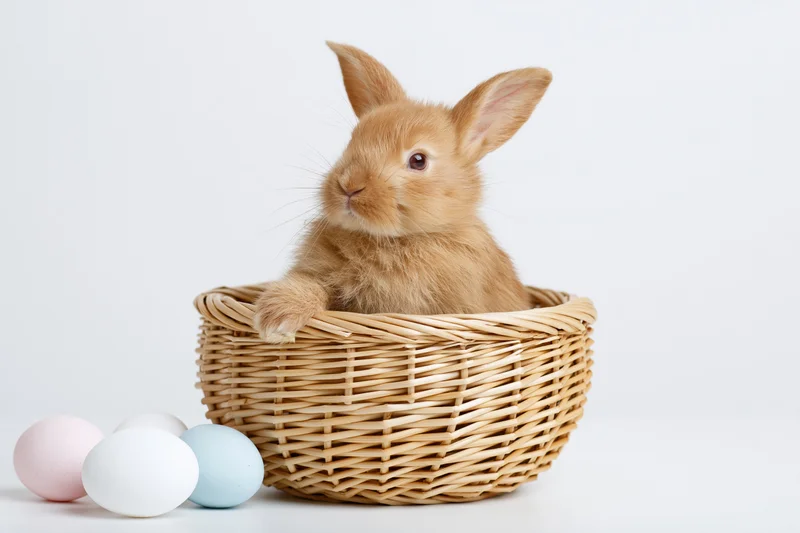 Ginger rabbit sitting upright in woven wicker basket with pastel eggs beside it on white background