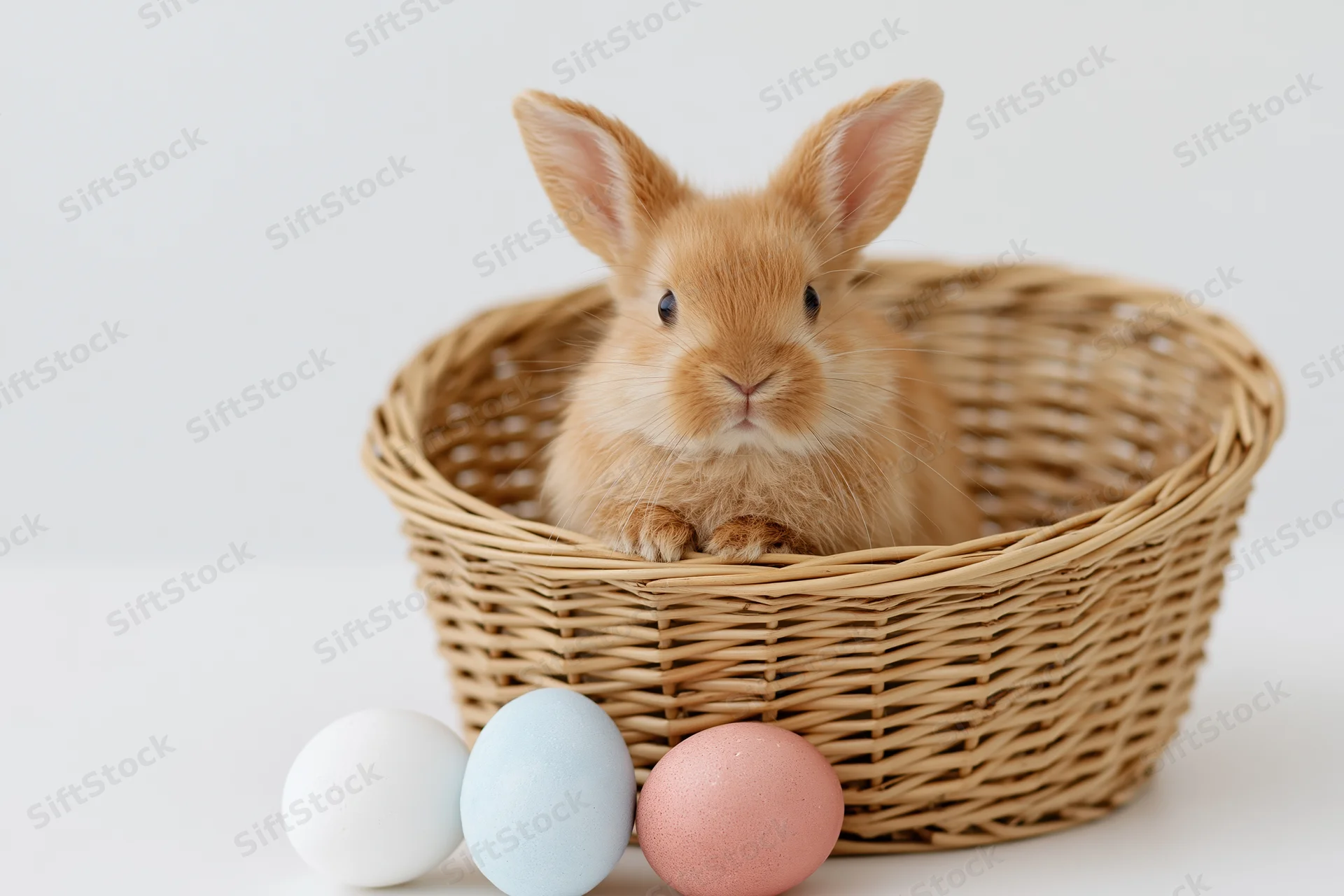 Small fluffy ginger rabbit sitting upright inside a woven wicker basket with pastel painted eggs beside it on white background