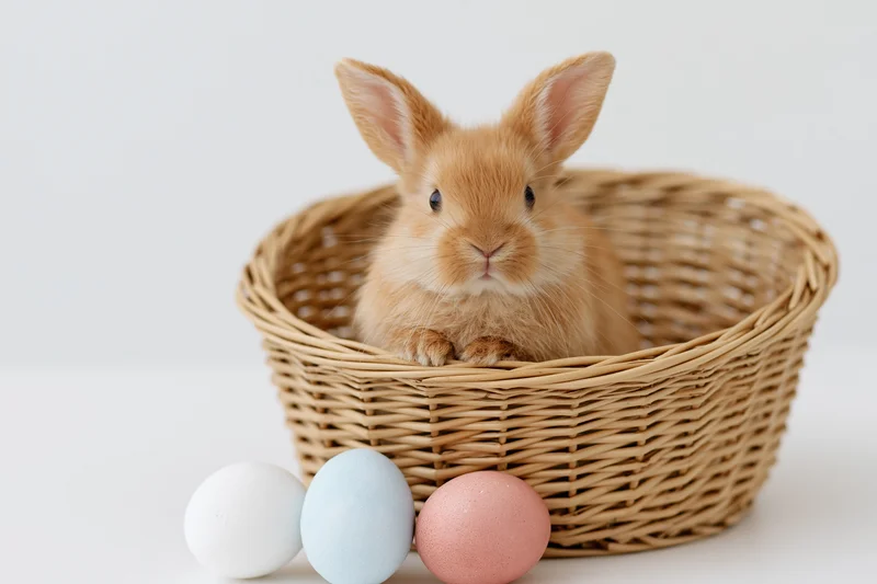 Small fluffy ginger rabbit sitting upright inside a woven wicker basket with pastel painted eggs beside it on white background