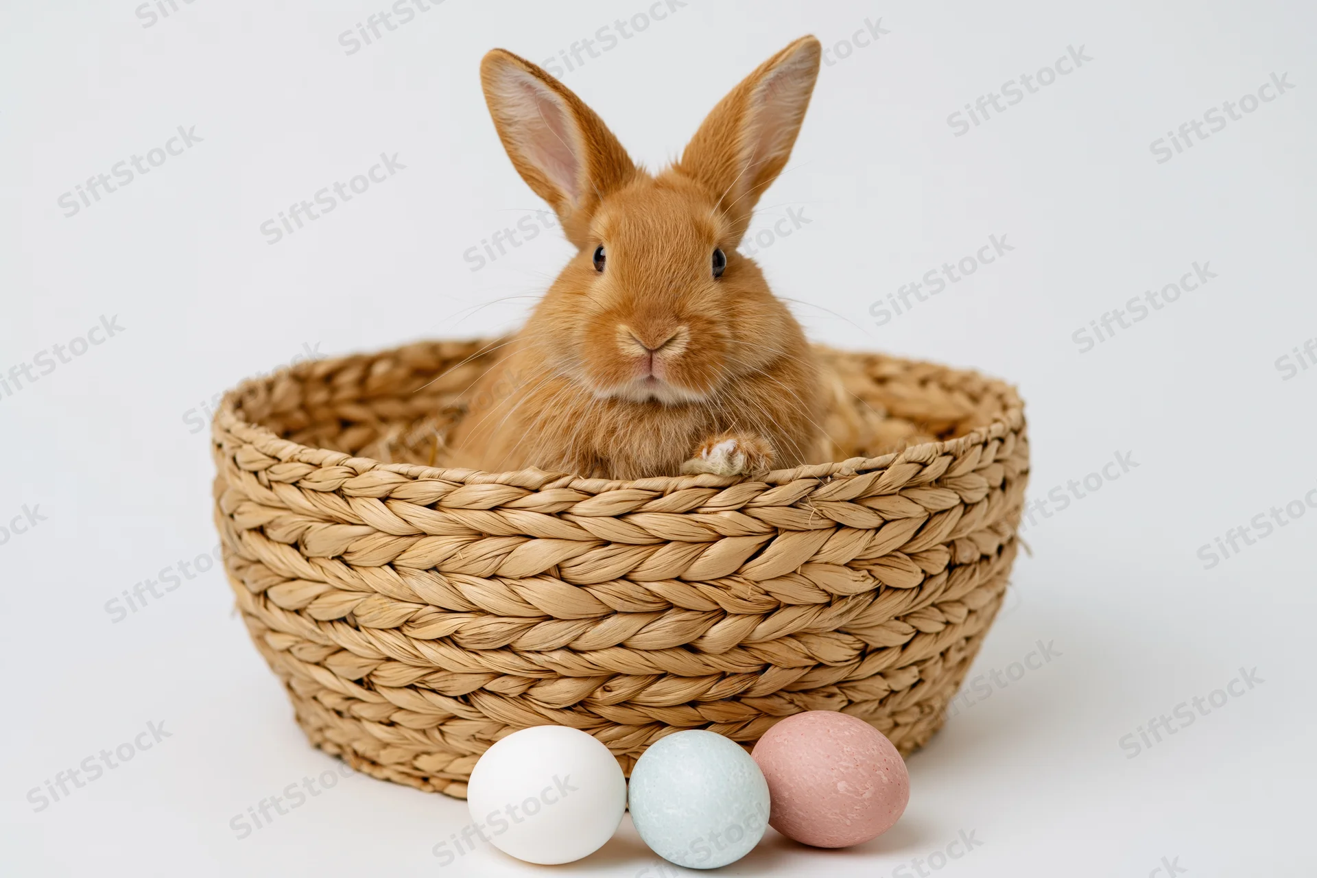 Small fluffy ginger rabbit sitting upright inside a woven wicker basket with easter eggs in front on white background