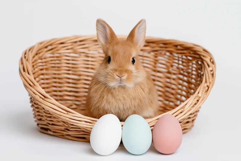Fluffy ginger rabbit sitting upright in woven wicker basket with pastel eggs in front on white background