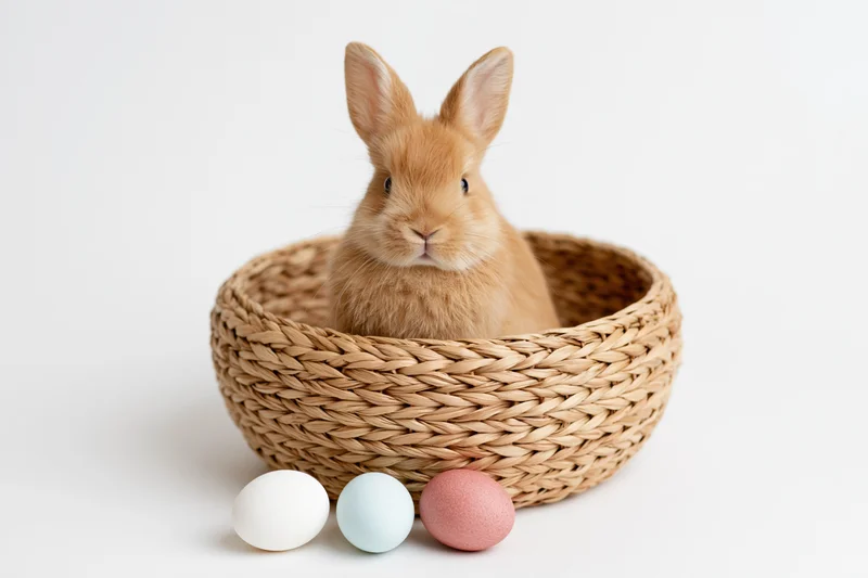 Small fluffy ginger rabbit sitting upright in a woven wicker basket with pastel eggs beside it on white background