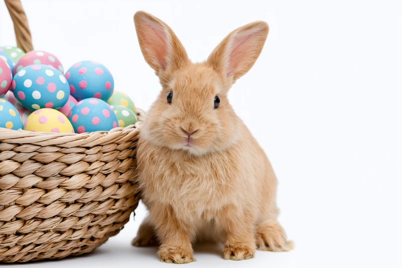 Small fluffy ginger rabbit sitting upright beside a woven basket filled with colorful decorated easter eggs on white background