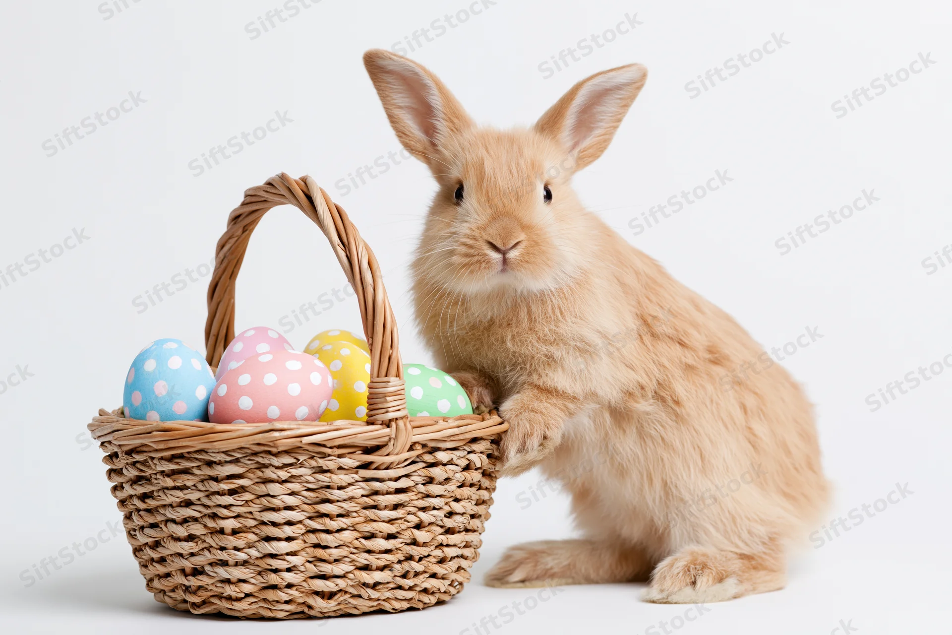 Fluffy ginger rabbit sitting upright beside a woven basket filled with pastel polka-dotted easter eggs on white background