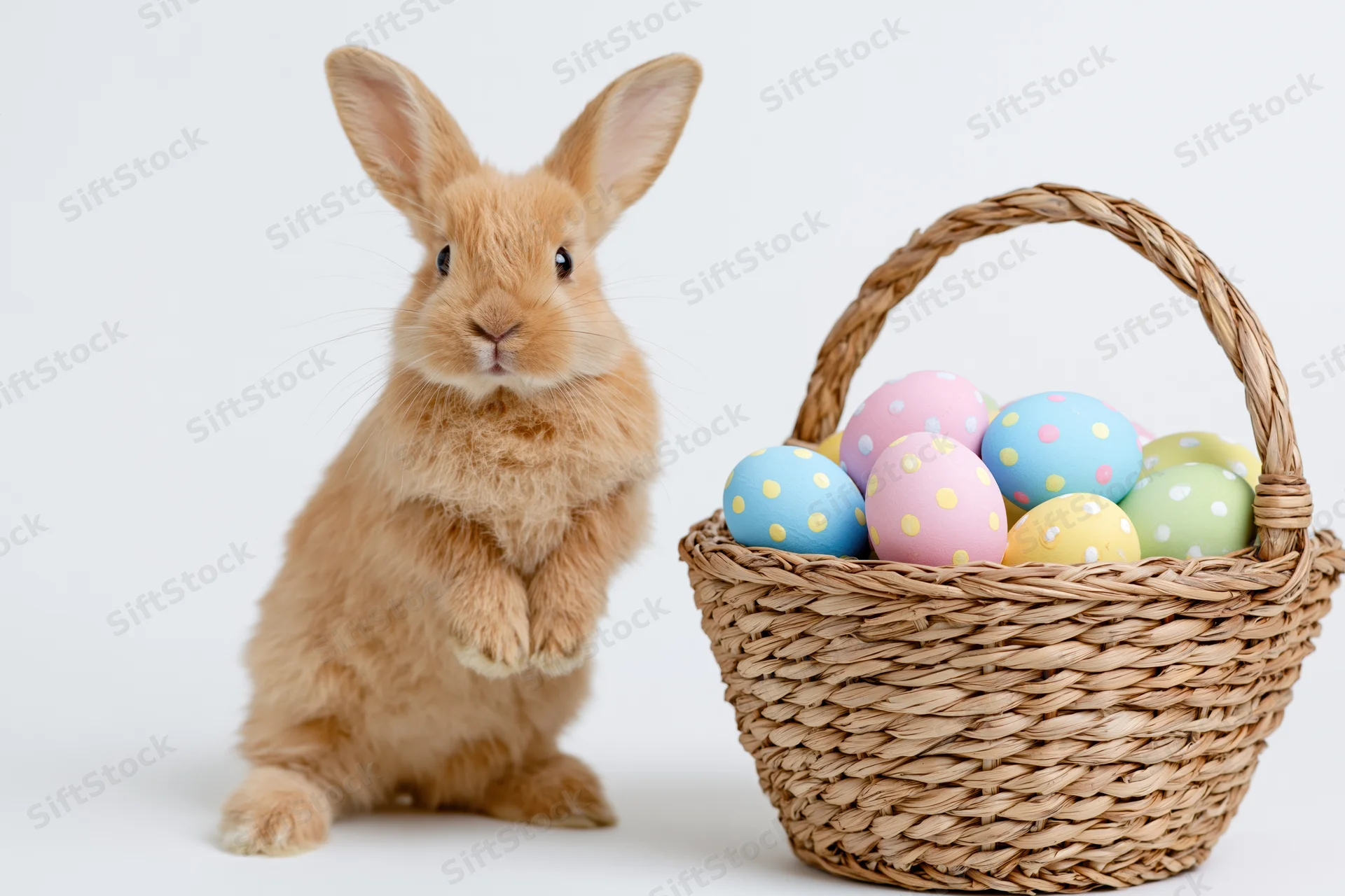 Ginger fluffy rabbit standing upright beside a woven basket filled with pastel polka-dotted easter eggs on white background