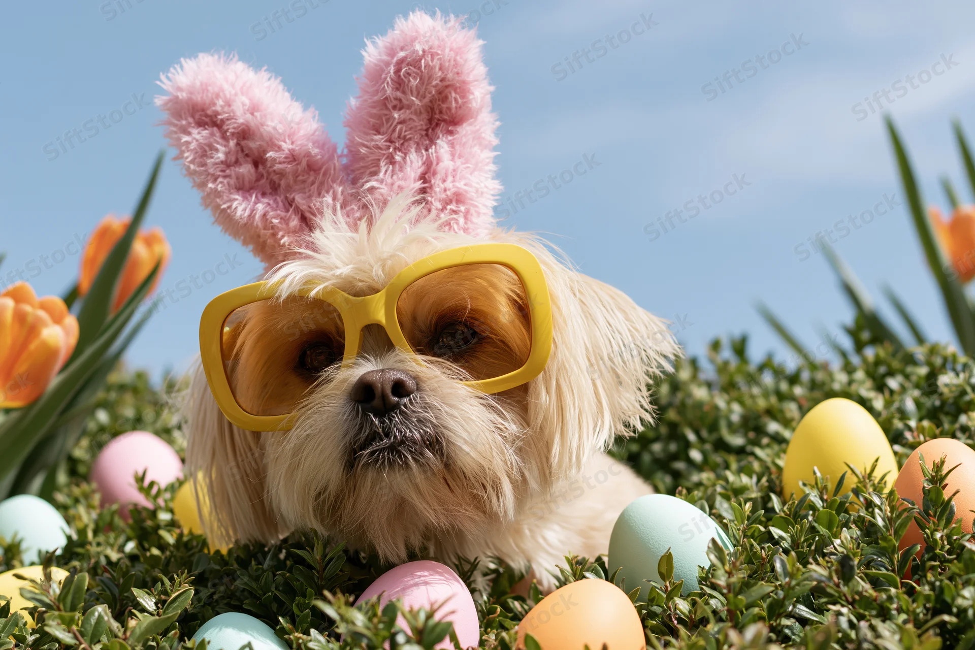 Fluffy tan dog wearing pink fuzzy bunny ears and yellow sunglasses among colorful Easter eggs and tulips in a garden