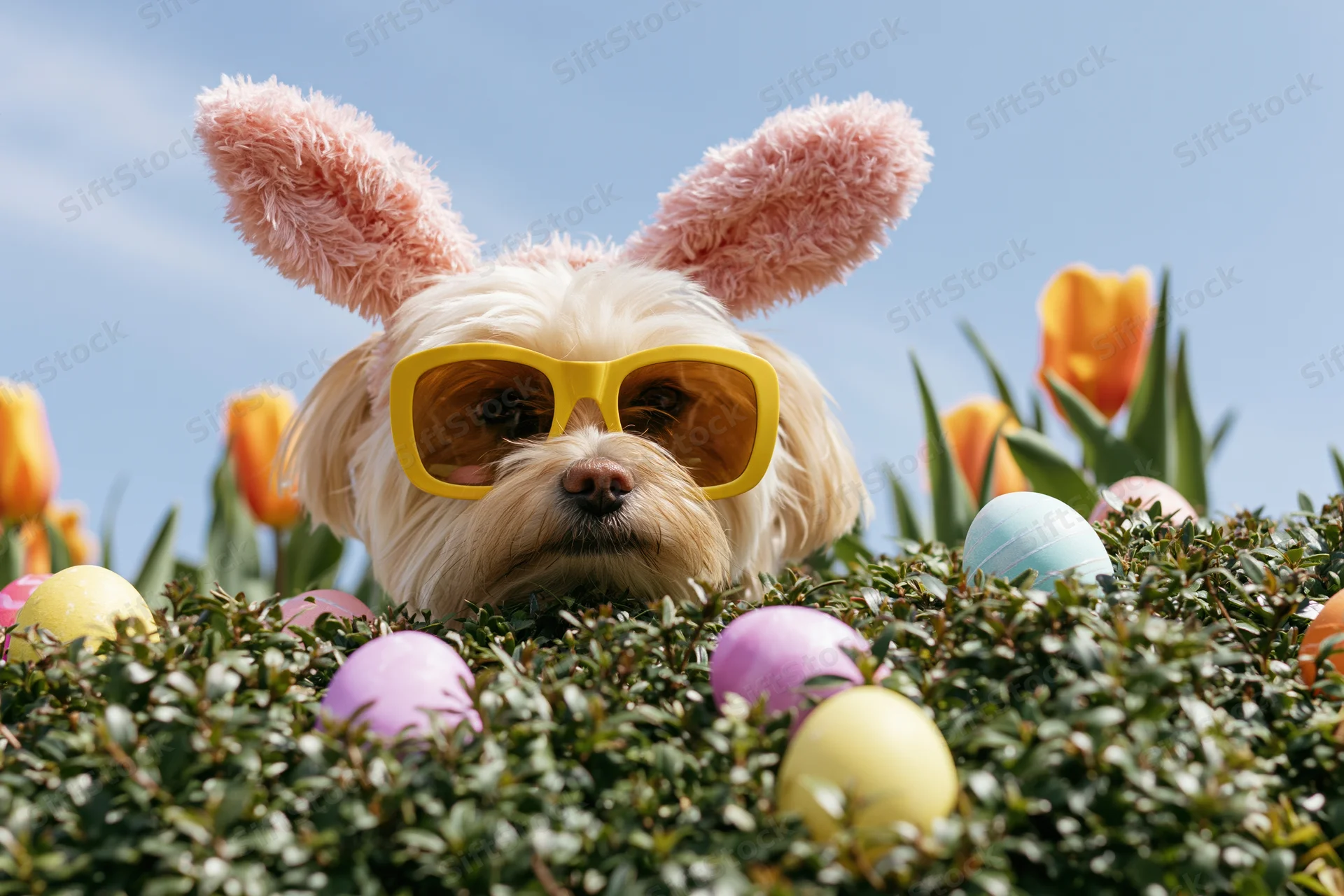 Fluffy tan dog wearing pink bunny ears and yellow sunglasses peeking through green foliage with easter eggs and tulips in garden