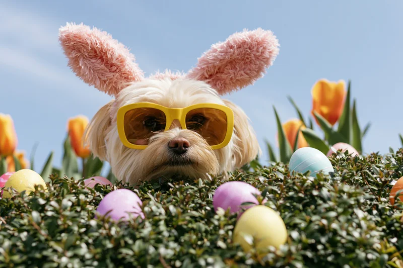 Fluffy tan dog wearing pink bunny ears and yellow sunglasses peeking through green foliage with easter eggs and tulips in garden