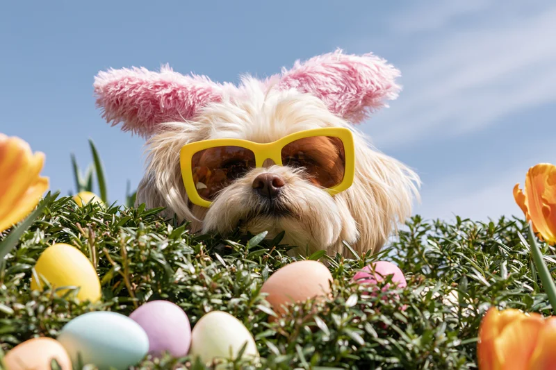 Fluffy tan dog wearing pink bunny ears and yellow sunglasses peeking through grass with easter eggs and tulips
