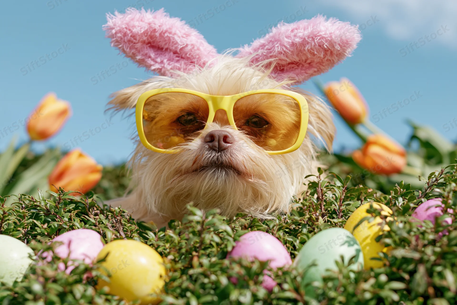 Fluffy tan dog wearing pink bunny ears and yellow sunglasses among colorful Easter eggs in a garden with tulips and blue sky