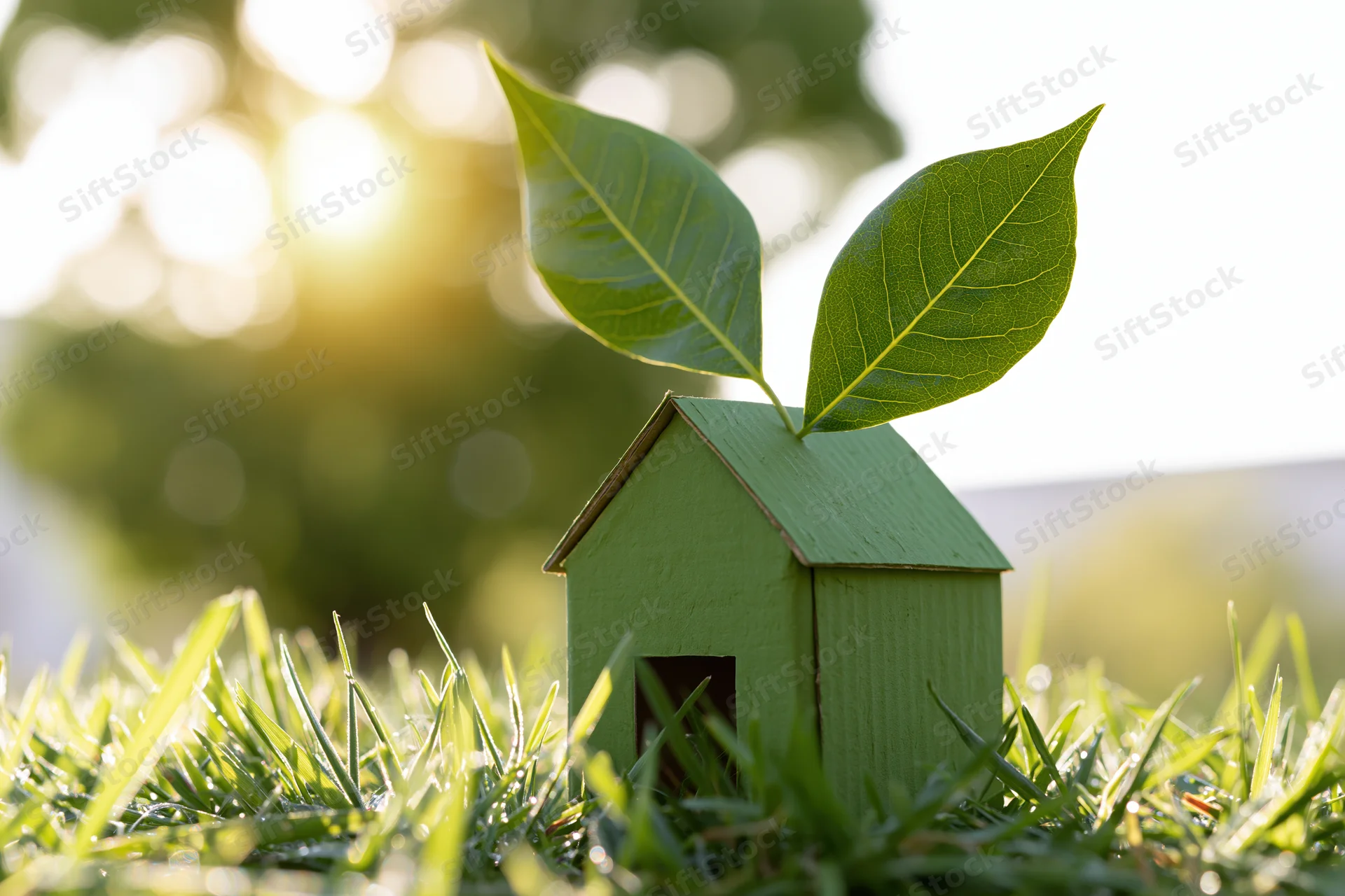 Small green cardboard house model with two large green leaves on its roof, placed on grass in sunlight