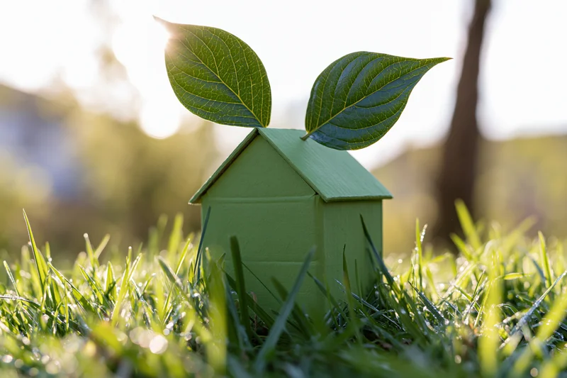 Small green cardboard house model with two large green leaves on grass in sunlight