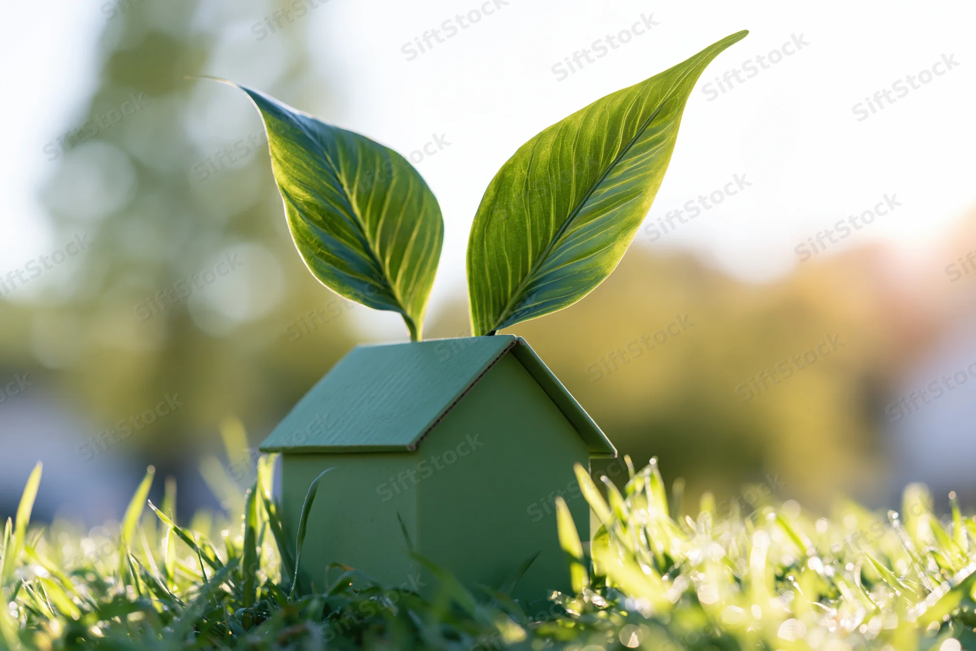 Small green cardboard house model with two large green leaves on grass in sunlight