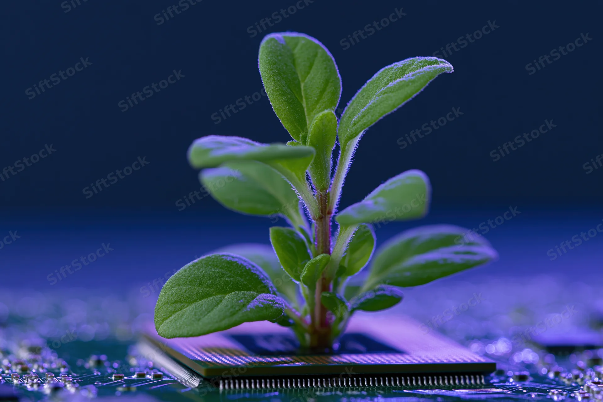 Small green plant growing from a computer chip on a circuit board