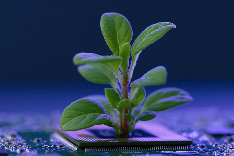 Small green plant growing from a computer chip on a circuit board