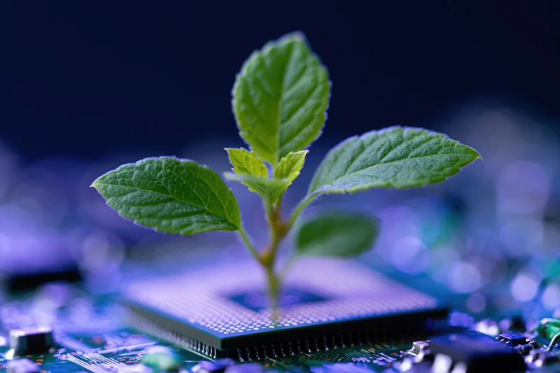 Small green plant growing from a computer chip on a circuit board