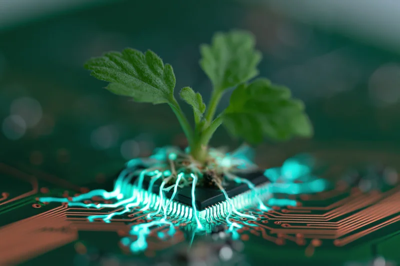 Small green seedling sprouting from a microchip mounted on a circuit board with glowing connections