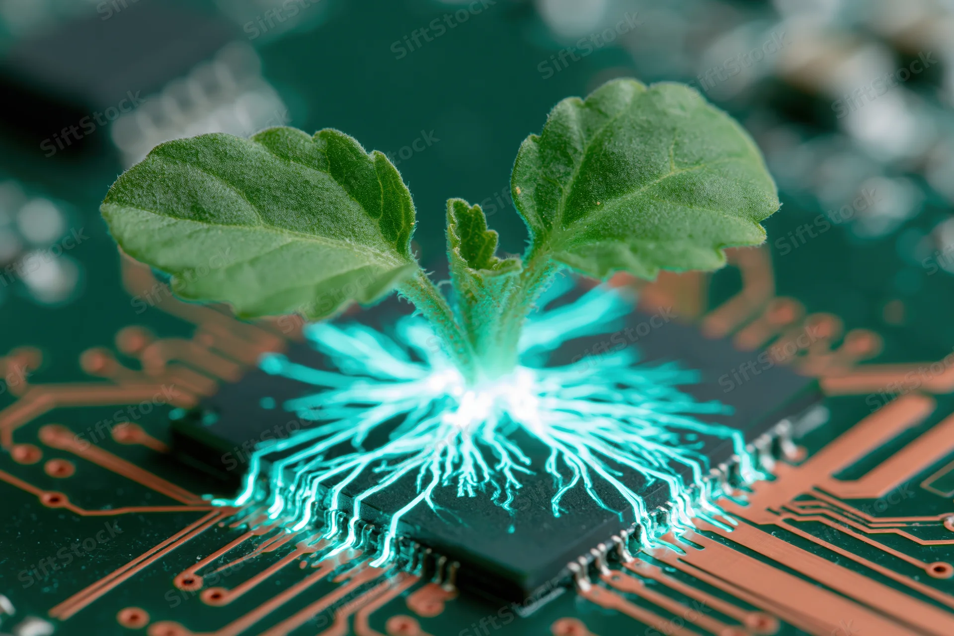 Small green seedling sprouting from microchip mounted on circuit board with glowing roots