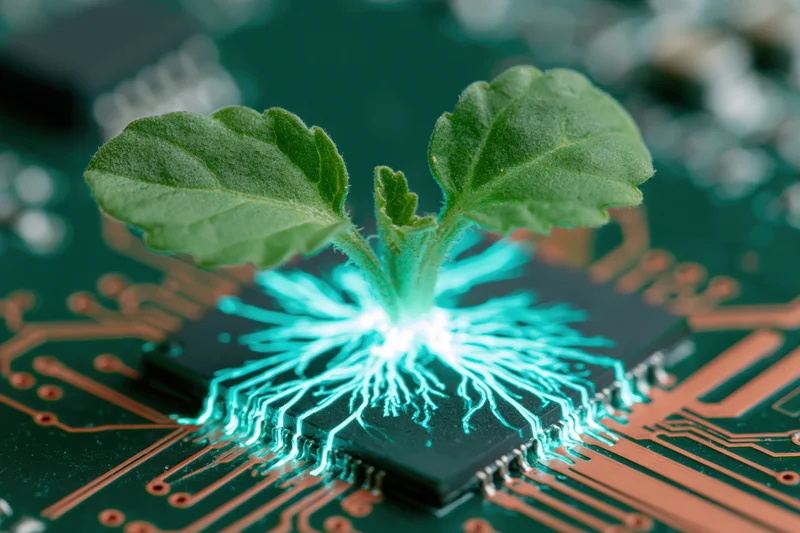 Small green seedling sprouting from microchip mounted on circuit board with glowing roots