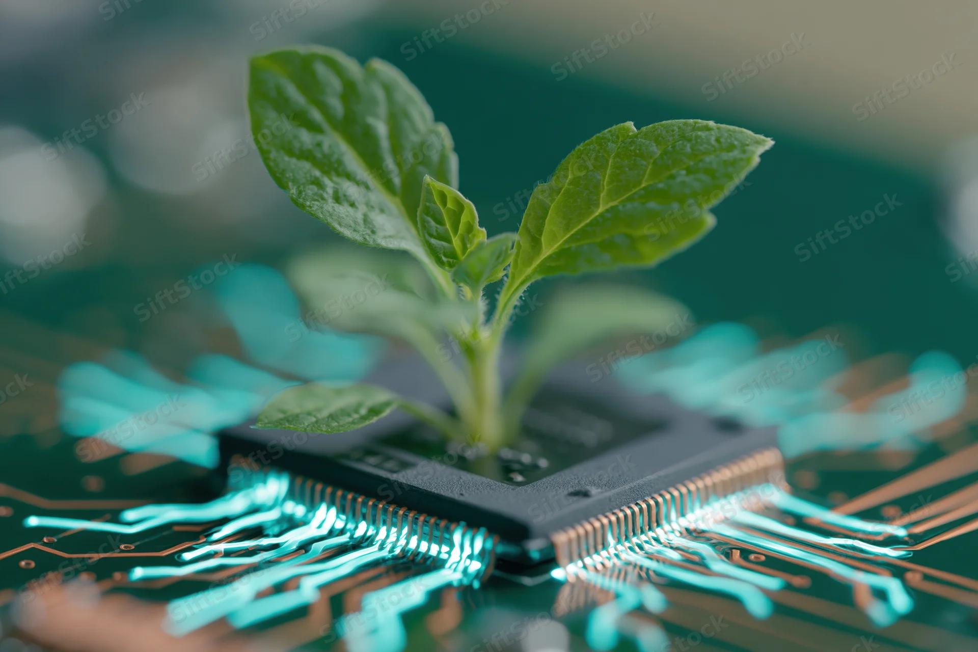Small green seedling sprouting from a microchip mounted on a circuit board with glowing blue traces