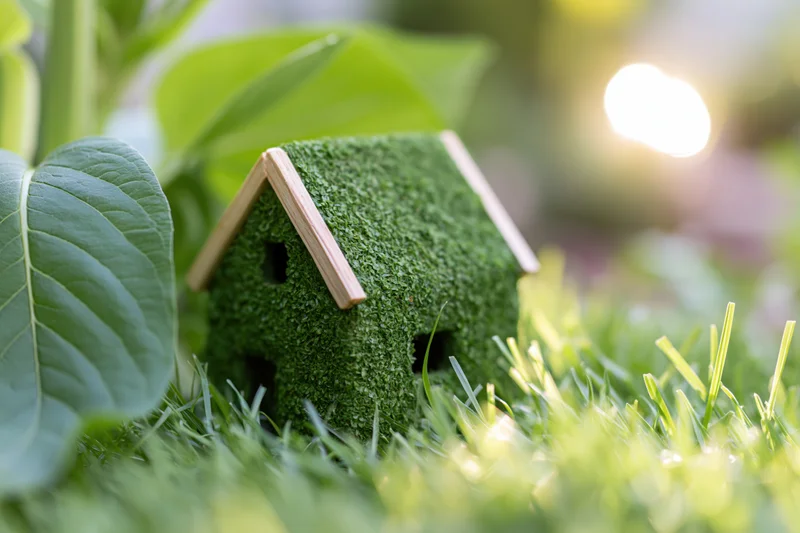 Small green moss-covered house model resting in fresh grass with blurred foliage and sunlight in background