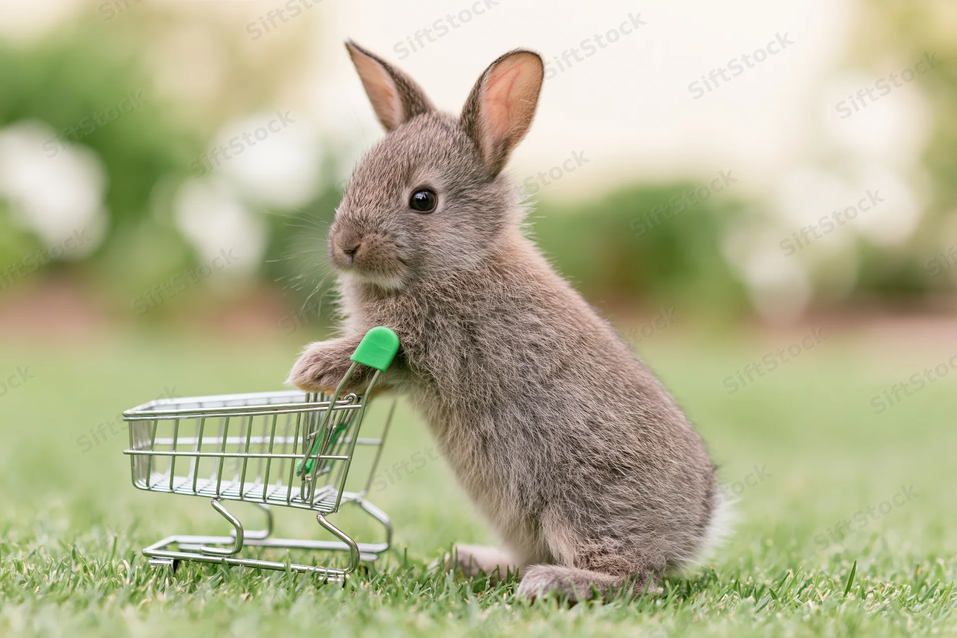 Baby rabbit standing upright on hind legs holding miniature shopping cart on grassy field