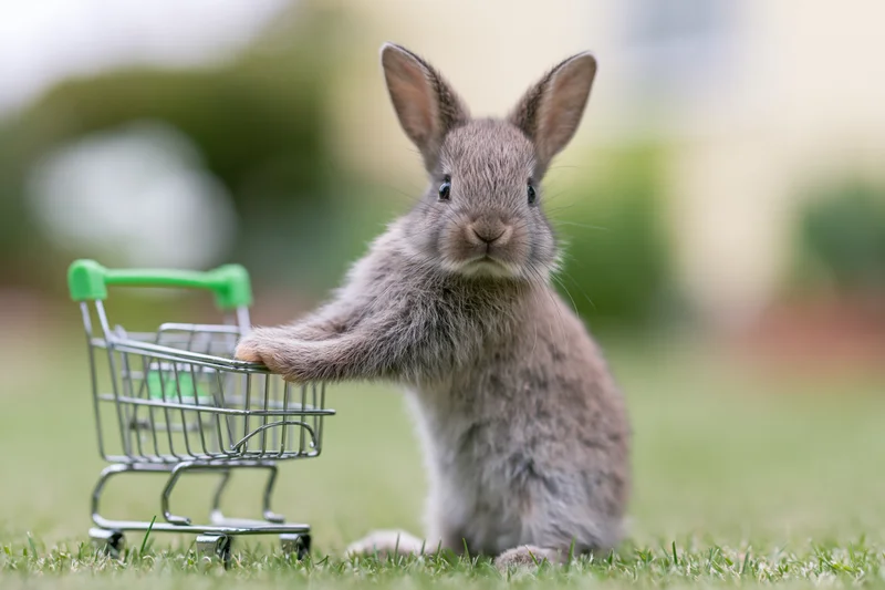 Baby rabbit standing upright on hind legs holding miniature shopping cart on grassy field