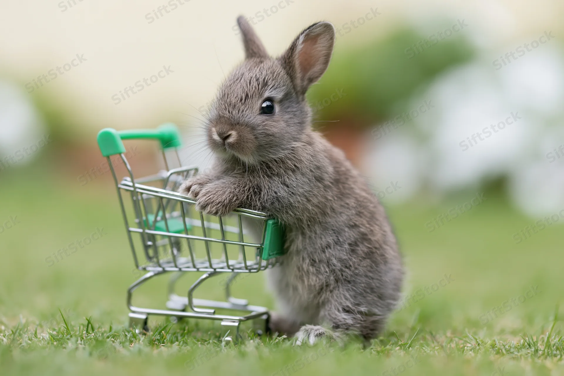 Baby rabbit standing upright on hind legs holding miniature shopping cart on grass