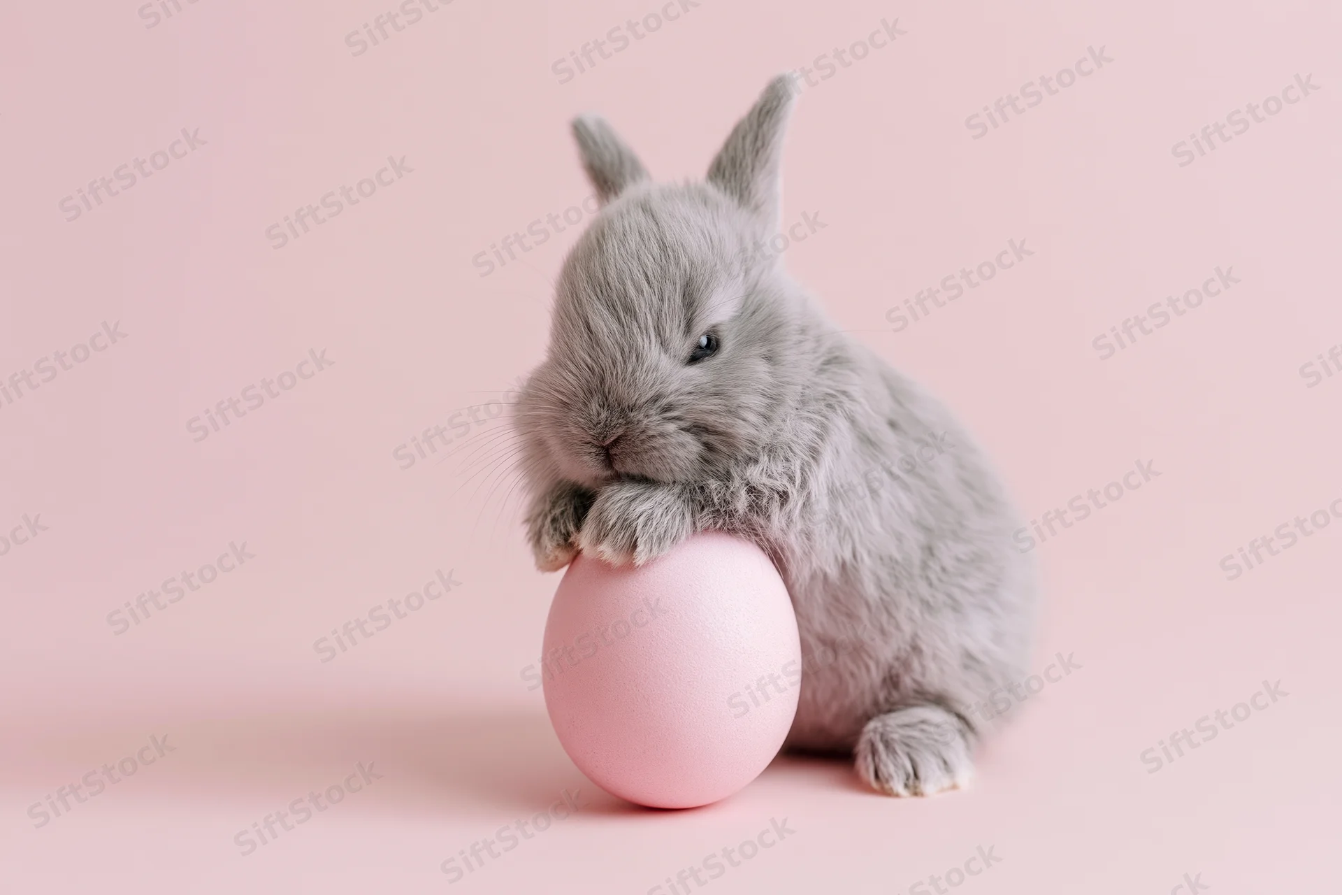 Small grey bunny resting its paws on a pink egg against a soft pink background