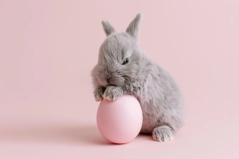 Small grey bunny resting its paws on a pink egg against a soft pink background