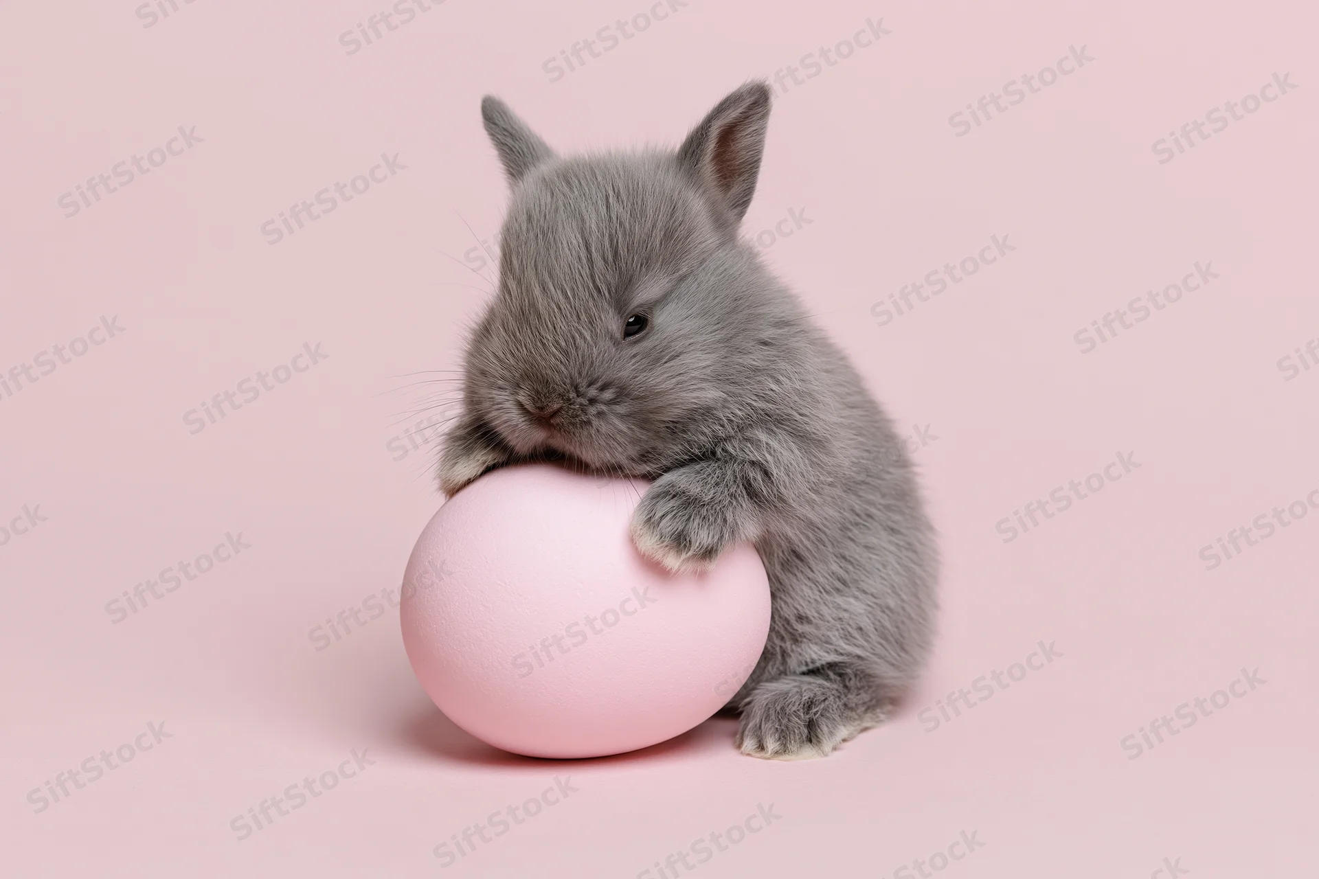 Small grey baby bunny resting its front paws on a pastel pink egg against a plain pink background